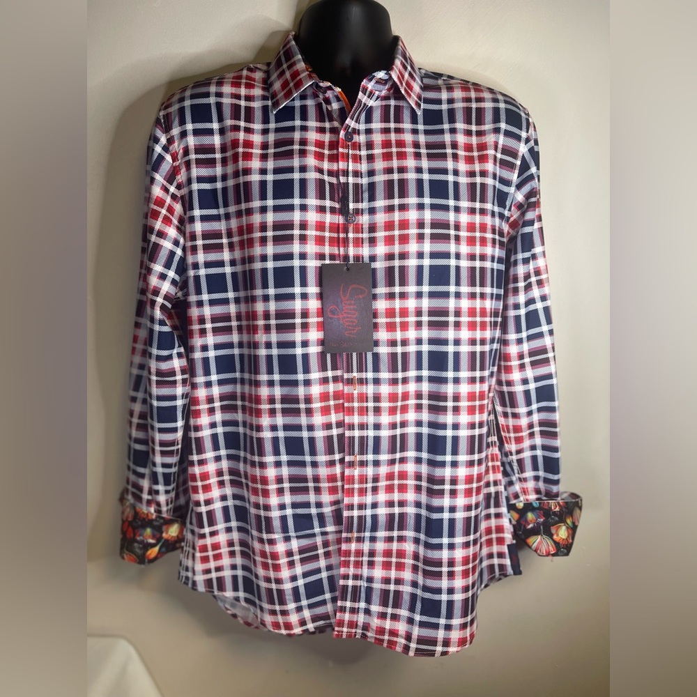 NWTSugar That Shirt is Sweet Mens L Blue And Red Plaid Pattern Long Sleeve Shirt